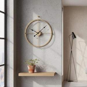 Gouden open klok | Minimalistische metalen muurkunst | Modern rond uurwerk