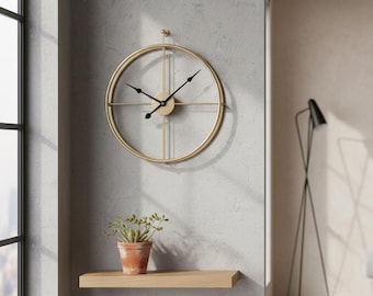 Gold Open Face Uhr | Minimalistische Metallwandkunst | Moderne runde Uhr