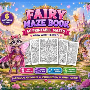 Può includere: Un libro digitale di labirinti fatati con 60 labirinti stampabili e 6 livelli di crescita. La copertina mostra un procione in abito viola, un castello e quattro pagine di labirinti in bianco e nero. Testo: Fairy Maze Book, 60 Printable Mazes, Grow With The Hero.