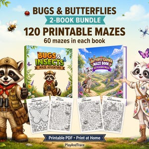 May include: A 2-book bundle titled Bugs & Butterflies featuring 120 printable mazes. The set includes two illustrated books, Bugs & Insects Maze Adventure and Butterfly Garden Maze Book, along with four sample maze activity sheets for home printing.