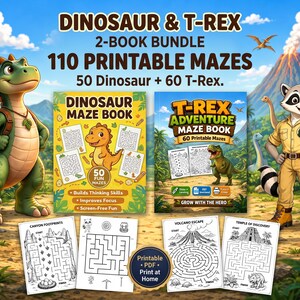 Pode incluir: Um pacote de 2 livros com um livro de labirintos de dinossauros e um livro de labirintos de aventuras de T-Rex com 110 labirintos imprimíveis. O conjunto inclui 50 quebra-cabeças de dinossauros e 60 de T-Rex, exibidos com páginas de exemplo.