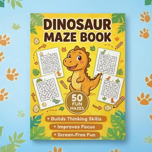 Utskrivbar aktivitetsbok för dinosaurielabyrint för barn, pusselblad för förskola i PDF-format