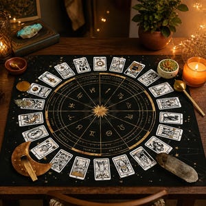 May include: A black altar cloth featuring a gold zodiac wheel with astrological symbols and names, surrounded by a circular arrangement of tarot cards. The design includes celestial stars and constellations on a dark fabric background.