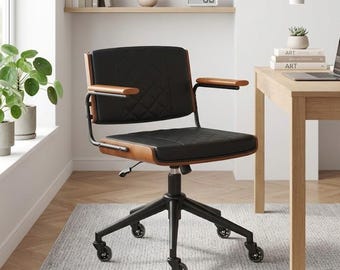 Silla de oficina ergonómica con brazos de nogal, tapizada en cuero sintético, respaldo medio, giratoria y ajustable.