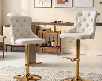 Juego de 2 taburetes de bar de terciopelo, giratorios, ajustables en altura para mostrador, con detalles de tachuelas.