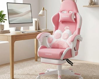 Silla gaming con orejas de gato rosas, reclinable, ergonómica, para oficina y con reposapiés.