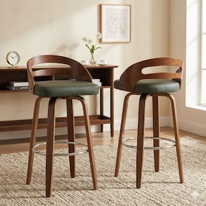 Juego de 2 taburetes de bar giratorios de mediados de siglo, de 76 cm (30 pulgadas), de madera de nogal curvada.