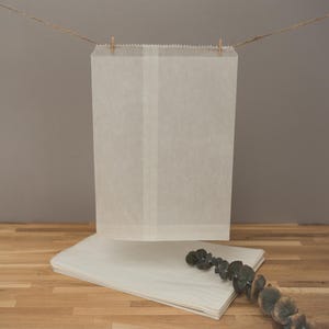 May include: A stack of white paper bags, one suspended from a twine line with wooden clothespins. A stack of similar bags rests below, with a sprig of greenery. The bags are made of a translucent paper.