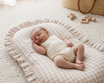 Beige Gingham Baby Lounger Cover – Neutral Cotton, Washable Ruffle Lounger Slipcover