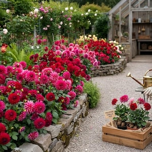 May include: A vibrant garden scene featuring rows of red and pink dahlias in full bloom, bordered by stone walls. A wooden crate holds potted dahlias. A brass watering can and gardening gloves sit on a small table. A greenhouse is in the background.