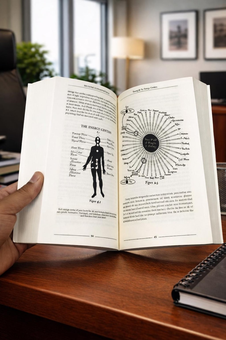 May include: An open book displaying diagrams and text about energy centers, with a human figure illustration and a circular diagram. The book is on a wooden surface, with a hand holding the pages open.
