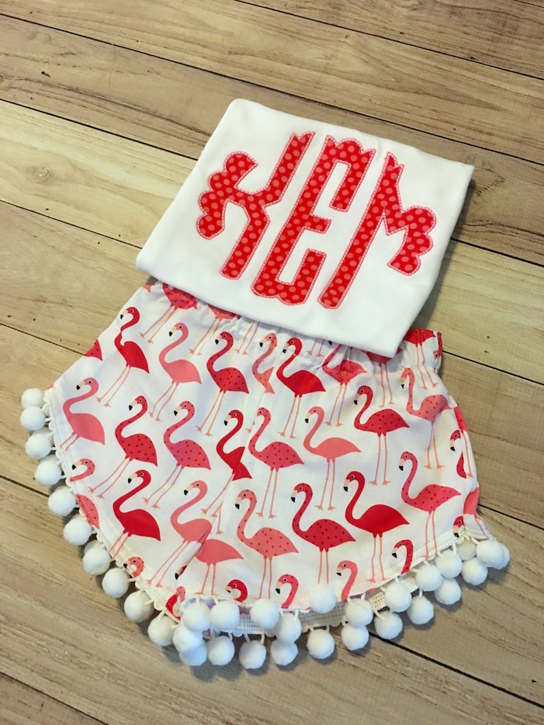 scallop monogram shirt Flamingo outfit pompom shorts flamingo birthday girls pompom shorts set flamingo party flamingo pompom shorts