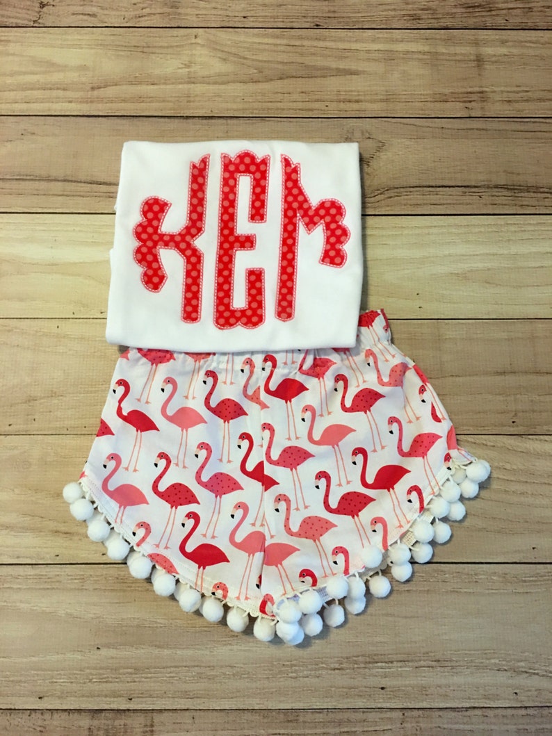 scallop monogram shirt Flamingo outfit pompom shorts flamingo birthday girls pompom shorts set flamingo party flamingo pompom shorts
