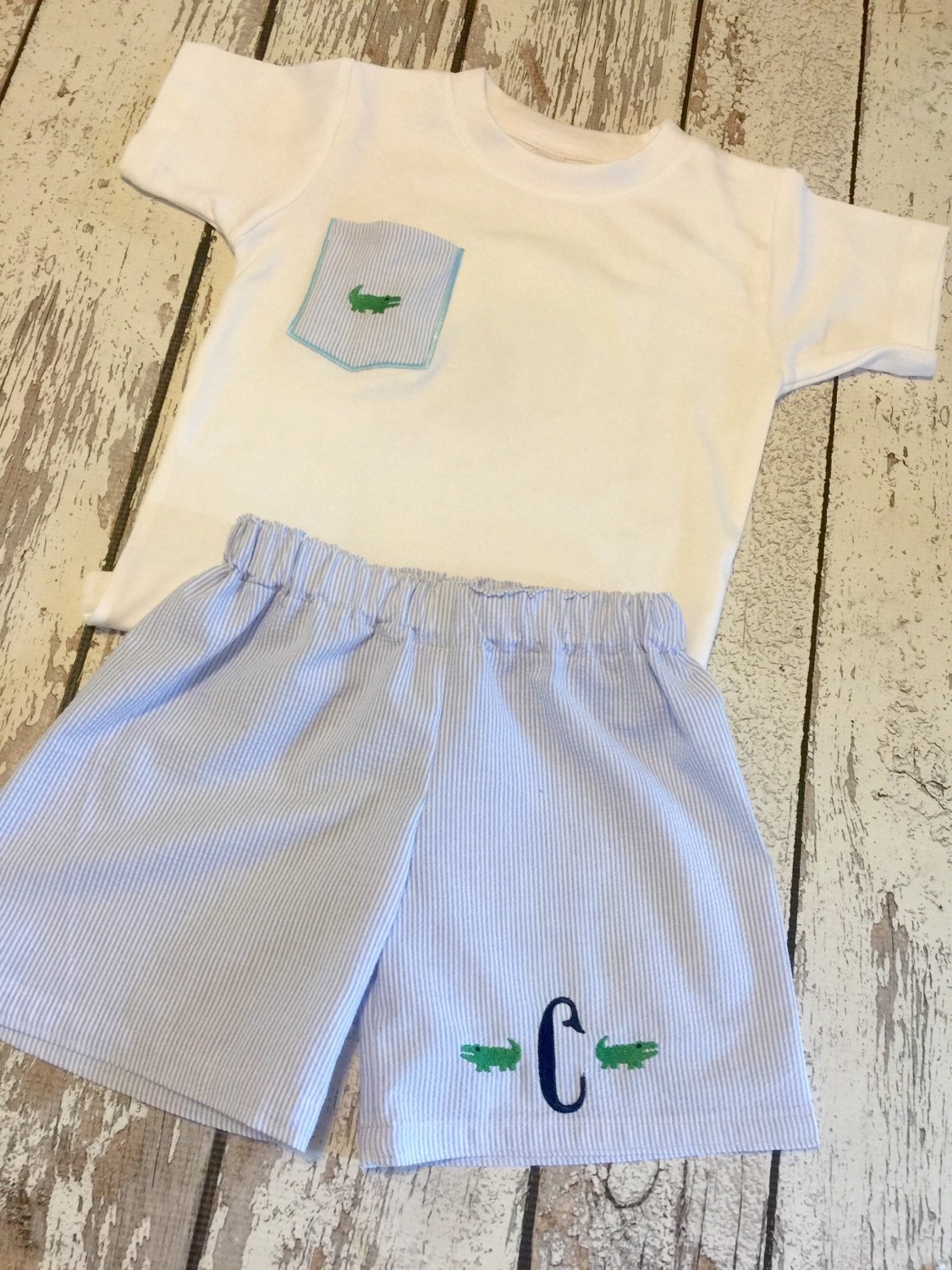 Alligator outfit for Boys seersucker set for boys baby