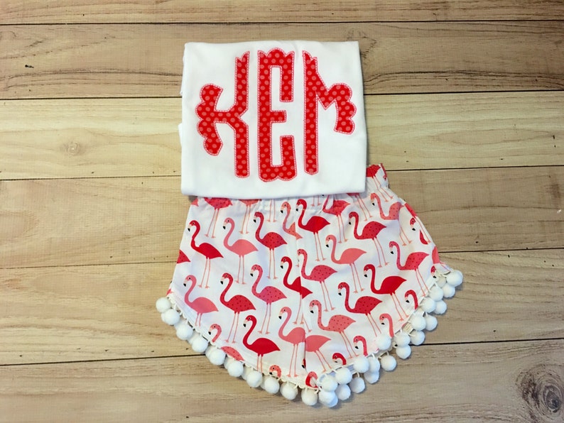 scallop monogram shirt Flamingo outfit pompom shorts flamingo birthday girls pompom shorts set flamingo party flamingo pompom shorts