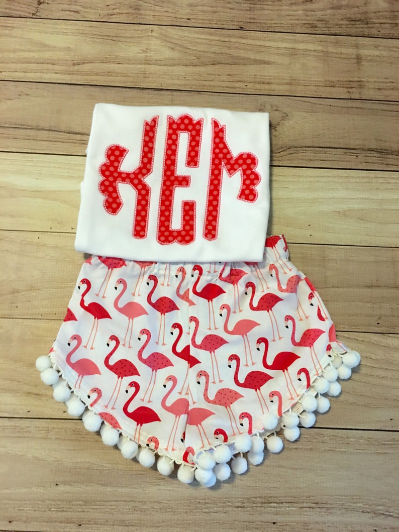 scallop monogram shirt Flamingo outfit pompom shorts flamingo birthday girls pompom shorts set flamingo party flamingo pompom shorts