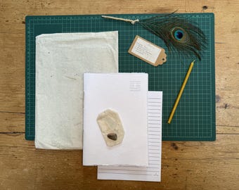 Handmade Journal Set – Notebook, Feather Quill Pen, Crystal, Seaglass and Beeswax Taper by Chapter and Feather