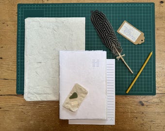 Handmade Journal Set – Notebook, Feather Quill Pen, Crystal, Seaglass and Beeswax Taper by Chapter and Feather