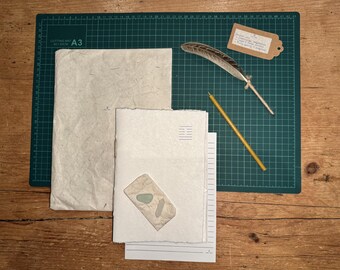 Handmade Journal Set – Notebook, Feather Quill Pen, Crystal, Seaglass and Beeswax Taper by Chapter and Feather