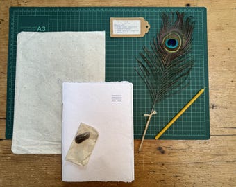 Handmade Journal Set – Notebook, Feather Quill Pen, Crystal, Seaglass and Beeswax Taper by Chapter and Feather