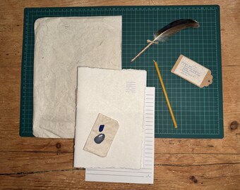 Handmade Journal Set – Notebook, Feather Quill Pen, Crystal, Seaglass and Beeswax Taper by Chapter and Feather