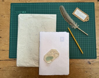 Handmade Journal Set – Notebook, Feather Quill Pen, Crystal, Seaglass and Beeswax Taper by Chapter and Feather