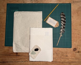 Handmade Journal Set – Notebook, Feather Quill Pen, Crystal, Seaglass and Beeswax Taper by Chapter and Feather