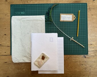Handmade Journal Set – Notebook, Feather Quill Pen, Crystal, Seaglass and Beeswax Taper by Chapter and Feather