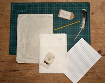 Handmade Journal Set – Notebook, Feather Quill Pen, Crystal, Seaglass and Beeswax Taper by Chapter and Feather