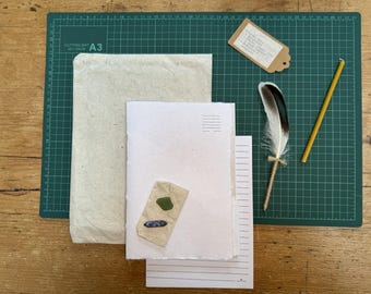 Handmade Journal Set – Notebook, Feather Quill Pen, Crystal, Seaglass and Beeswax Taper by Chapter and Feather