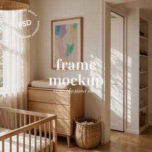 Nursery Frame Mockup with Thin Oak Frame Scandinavian Baby Room (PSD & JPEG)
