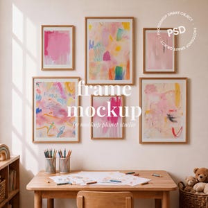 May include: A frame mockup featuring six framed abstract art prints with colorful brushstrokes in pink, yellow, blue, and green. The frames are a light brown color. The text "frame mockup by mockup planet studio" is in the center of the image.