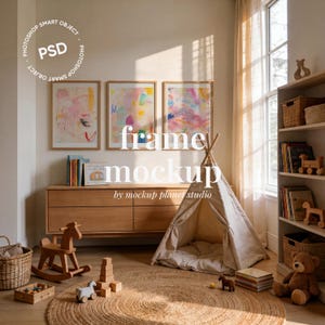 May include: A children's room mockup featuring three framed abstract art pieces above a wooden dresser. A teepee, rocking horse, and woven rug create a playful atmosphere. The text "frame mockup" is displayed.