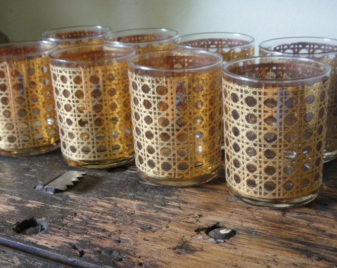 Vintage Gold Cane Drinking Glasses // Mid Century Tumblers // Glassware