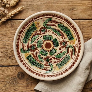 May include: A round ceramic plate featuring a hand-painted floral and wheat-like pattern in shades of green, brown, and yellow. The design includes a central flower surrounded by symmetrical botanical motifs and a dotted border on the rim.