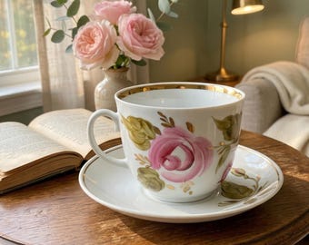 Vintage Soviet Porcelain Tea Cup and Saucer | Hand Painted Rose | Baranivka Ukraine 1977 | Gold