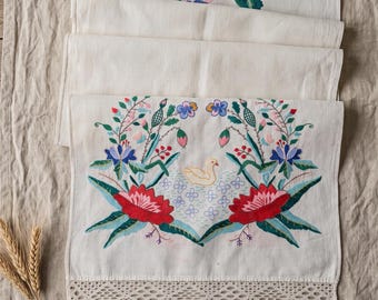 Vintage Ukrainian Rushnyk Swan Embroidery | Hand Stitched Linen Runner 94in | Ships from USA