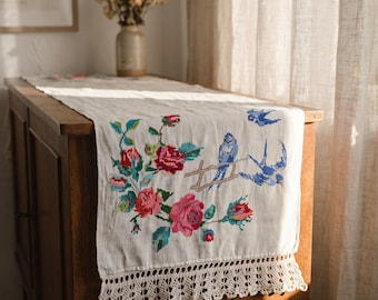 Vintage Ukrainian Rushnyk Embroidered Towel | Blue Birds & Roses Linen Runner | Ships from USA