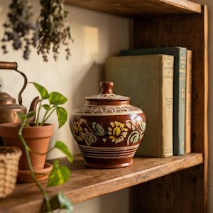 May include: A brown ceramic jar with a lid, decorated with yellow and blue floral patterns and white stripes. The jar sits on a wooden shelf with books and a small potted plant. The shelf is part of a rustic wooden structure.