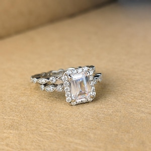Conjunto de anillos de boda de 2 quilates con corte esmeralda, anillo de moissanita GRA color G VVS o circonita cúbica, alianza de boda marquesa, anillo personalizado.