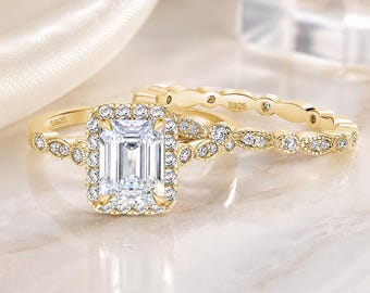 2CT Emerald Cut Bridal Ring Set, GRA Moissanite G Color VVS or CZ Ring, Marquise Wedding Band, Personalized Ring