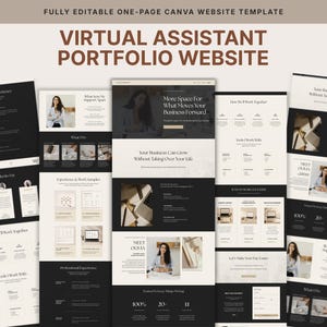 Pode incluir: Um modelo de site de uma página totalmente editável no Canva para um portfólio de assistente virtual. O design apresenta um esquema de cores preto e creme com seções para experiência profissional, depoimentos de clientes e serviços.