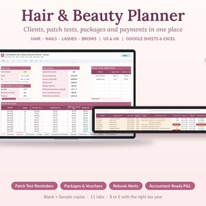 Businessplaner für Friseur- und Kosmetiksalons (Tabellenkalkulation), Kundenverwaltung mit Patch-Test-Protokoll, Paketangebote und Geschenkgutscheine, Google Sheets und Excel, USA/UK
