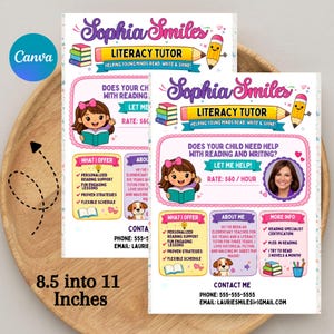 Op de afbeelding: Een flyer voor Sophia Smiles Literacy Tutor van 8,5 bij 11 inch. Het ontwerp bevat een lezend cartoonmeisje, een potloodfiguurtje en stapels boeken. Het bevat tekst over lees- en schrijfdiensten, een foto van een vrouw en contactgegevens.