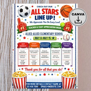 May include: A colorful flyer for Teacher & Staff Appreciation Week at Allied Elementary School. The design includes sports balls, stars, and a schedule of events. The flyer also features popcorn buckets and the Canva logo.