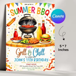 May include: A colorful invitation for a summer BBQ, featuring a grill with hot dogs, burgers, and condiments. The text reads "Summer BBQ" and "Grill & Chill" to celebrate John's 11th birthday. The invitation is 5 x 7 inches.
