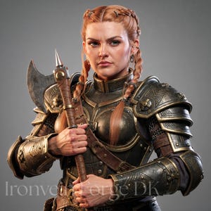 Può includere: Una donna con i capelli rossi intrecciati indossa un'armatura ornata di bronzo e nera, che tiene un'ascia da battaglia. L'ascia ha un manico di legno e una lama d'argento affilata. L'armatura presenta disegni intricati e cinghie di cuoio.