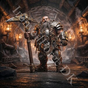May include: A digital illustration of a dwarf warrior in a dimly lit tunnel. The dwarf is clad in armor and holds a large pickaxe. The scene is detailed with industrial elements and warm lighting.