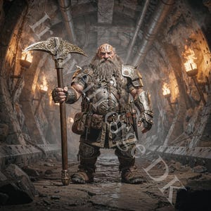 May include: A detailed digital illustration of a dwarf warrior in a stone tunnel. The dwarf is clad in ornate armor and holds a large, decorative pickaxe. The scene is lit by torches, creating a dramatic and fantasy-themed image.