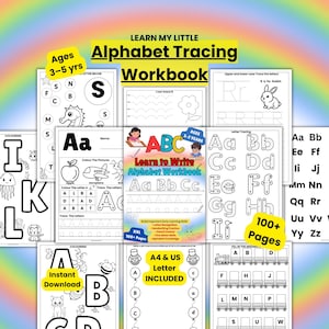 Può includere: Un quaderno di esercizi per tracciare l'alfabeto per bambini dai 3 ai 5 anni. Include esercizi di tracciatura delle lettere, colorazione e riempimento. Il quaderno contiene più di 100 pagine ed è in formato A4 e US Letter.